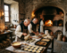 Three monks in robes baking bread in a rustic stone kitchen with a wood-fired oven.