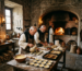 Three monks in robes baking bread in a rustic stone kitchen with a wood-fired oven.
