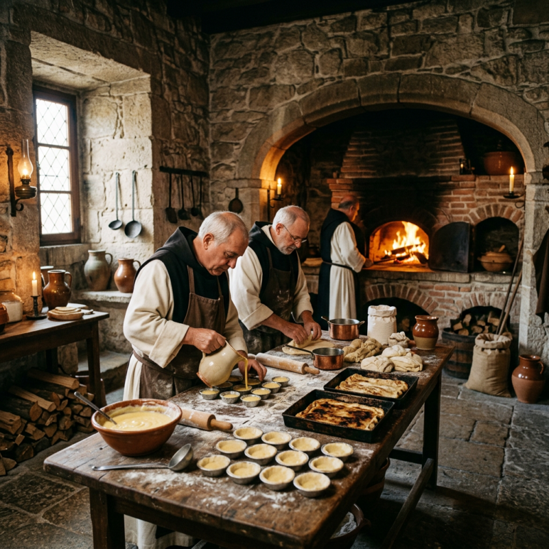 Three monks in robes baking bread in a rustic stone kitchen with a wood-fired oven.